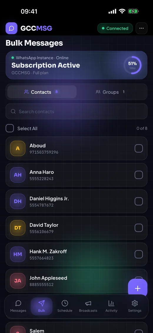 Bulk send screen in the GCCMsg app — sending bulk WhatsApp messages to multiple numbers