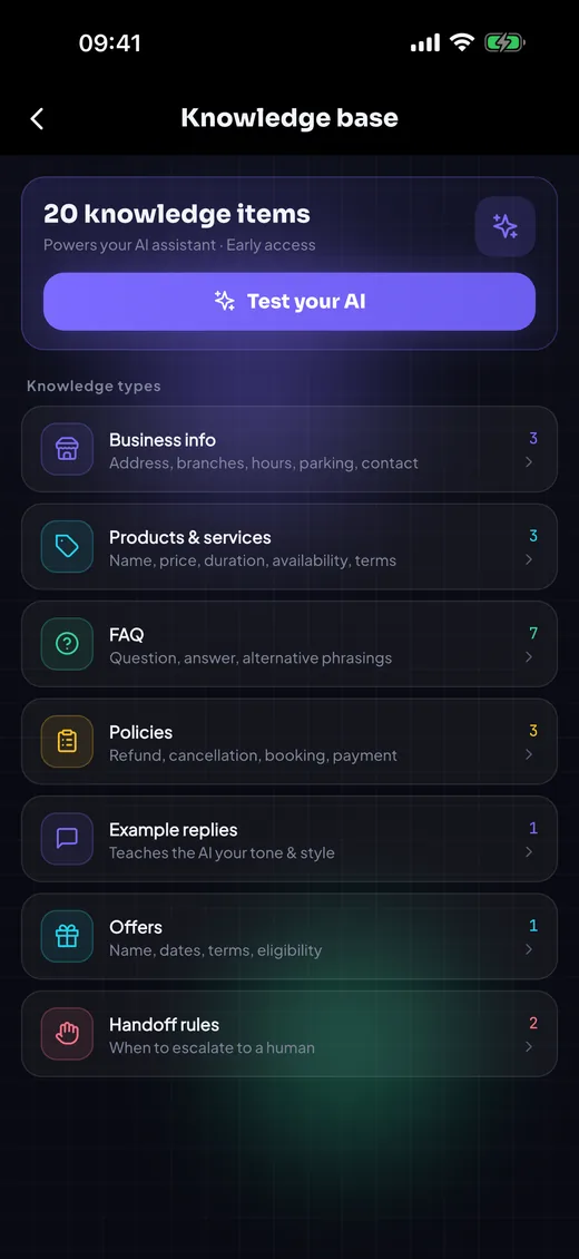 Knowledge base for training the AI WhatsApp chatbot on your business in GCCMsg